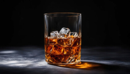 Glass of amber whiskey with ice on dark blurred background. Shimme ice cubes. Cold alcoholic drink. Evoking sense of relaxation in dimly lit bar environment. Copy space for text.