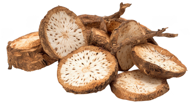 Pile of dried root slices isolated on transparent background