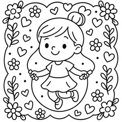 Happy Girl in Floral Frame Black and White Line Art Illustration