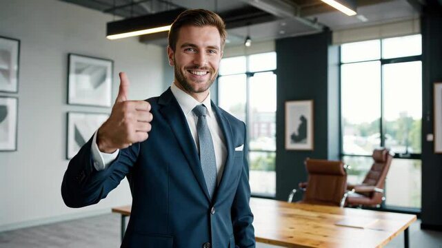 smiling businessman in suit giving thumbs up in office