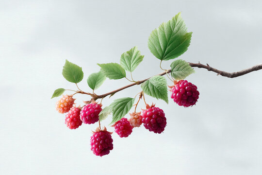 Branch with ripe red raspberries and green leaves on a textured light background. Fresh, natural, and vibrant. Perfect for food, health, or nature related designs.