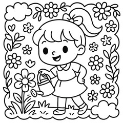 Obraz premium Happy Little Girl Watering Flowers in a Garden