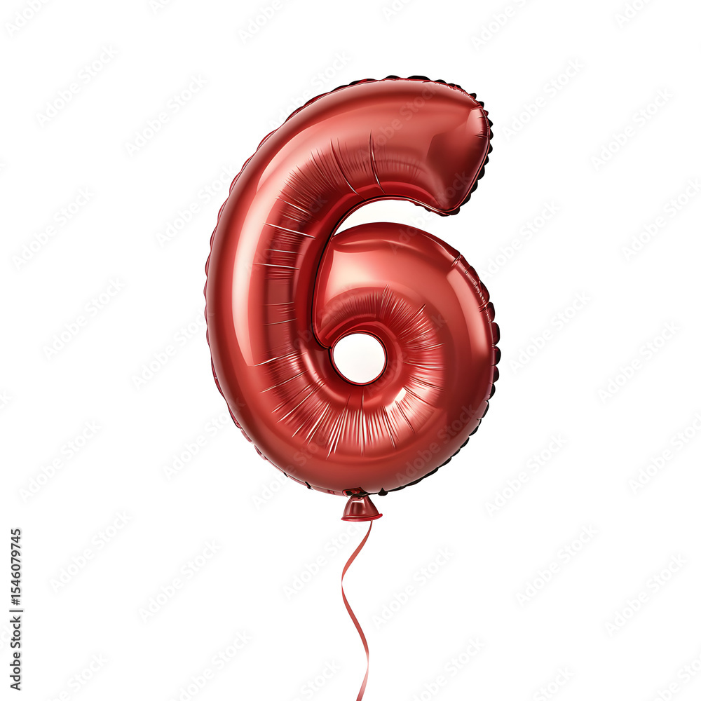 Fototapete a balloon shaped like the number 6,glossy red metallic finish with realistic reflections and smooth 