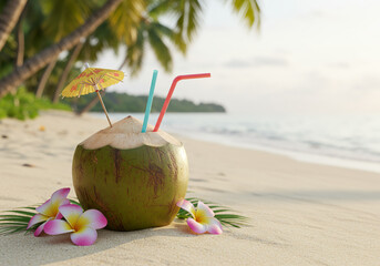 Refreshing coconut water served in a tropical beach setting. Natural hydration captured with vacation vibe and colorful elements.