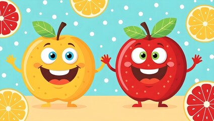 An adorable illustration showcasing a cheerful apple and orange cartoon characters. They are smiling, and the image features fruit slices in a colorful background.