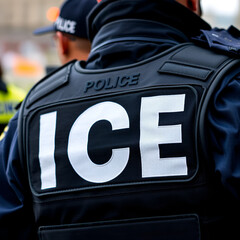 Ice Police Agent - officer of Immigration and Customs Enforcement. Close-up of POLICE ICE marking on the back of a stab proof vest worn by a trio of police officers at the scene of an incident.