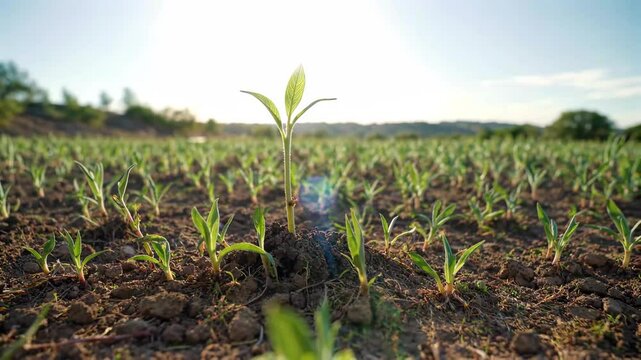 a close up of a small plant growing in a field