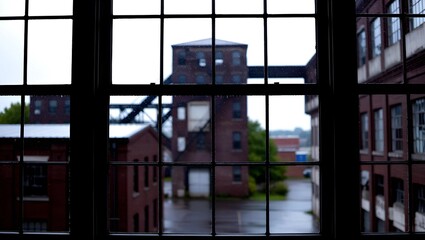 An industrial scene is viewed through a window with a grid pattern, showcasing brick buildings and a moody atmosphere.