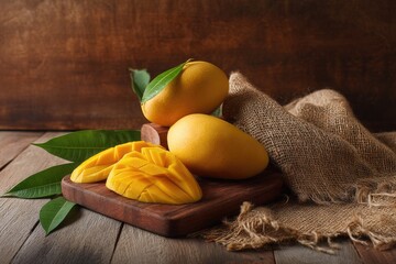 Ripe mangoes, whole and sliced, rest on a dark wood cutting board with burlap, accented by lush green leaves against a deep brown backdrop