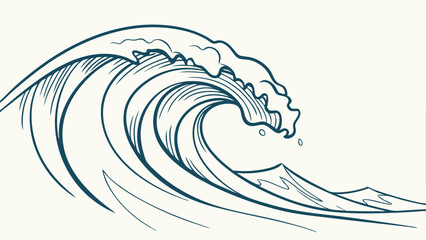 Illustration of a large ocean wave curling and crashing with smaller waves in the background view, line art