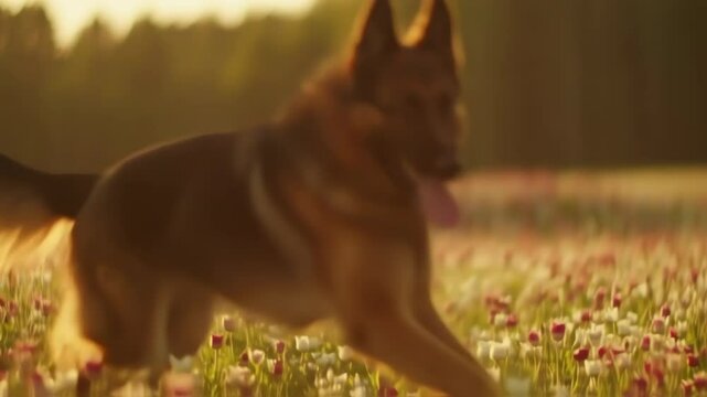 German shepherd Running Through a Vibrant Garden