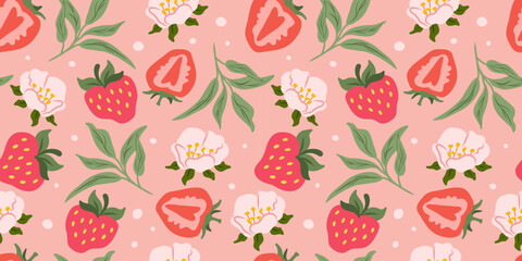 Seamless strawberry pattern with flat hand-drawn berries, sliced fruit, leaves, and pink flowers on soft pastel background. Colorful vector design for fabric, packaging, wallpaper, or cards