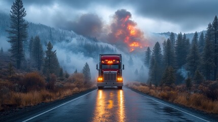 A truck drives down a wet highway towards a forest fire in the distance during a cloudy day