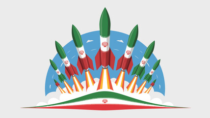 Obraz premium rockets with iranian flag colors launching skyward amid clouds and smoke, symbolizing power, technology, and national strength
