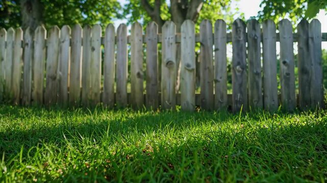 a close up of a wooden fence in a grassy field