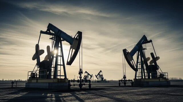Oil pumps at sunrise in oil field