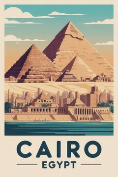 Vintage Travel Poster of Pyramids and Nile River in Cairo, Egypt