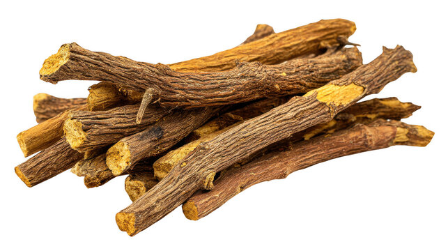 Dried licorice root pieces isolated on transparent background