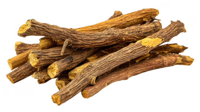Dried licorice root pieces isolated on transparent background