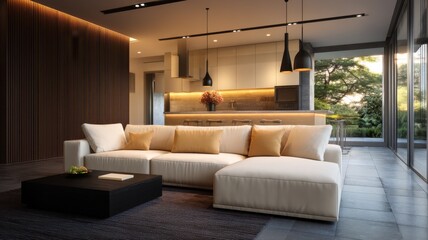 Fototapeta premium Modern Living Room with Cozy Couch and Open Kitchen Design Surrounded by Natural Light and Greenery