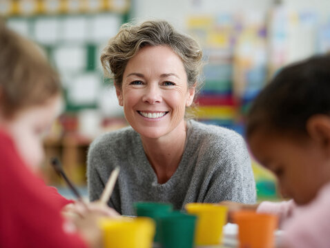 Happy teacher supervising children painting in classroom. Represents education, care, learning, childhood development. Ideal for educational materials or parenting blogs.
