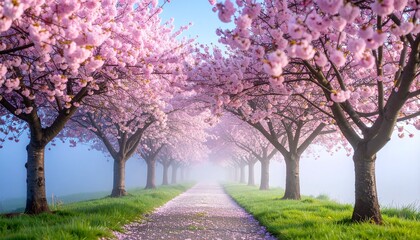 Naklejka premium Blossoming cherry trees line misty path