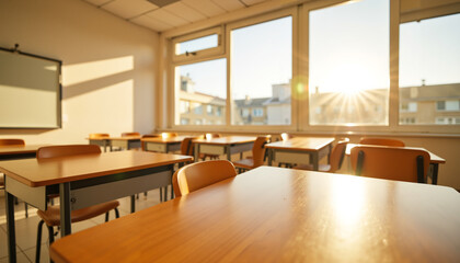 Empty classroom with sunlight streaming through windows in the morning  