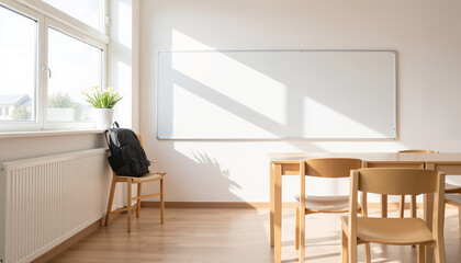 Empty classroom with sunlight streaming through windows and chairs  
