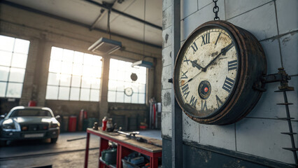 Vintage clock hanging on the wall in a well-lit garage with a car

