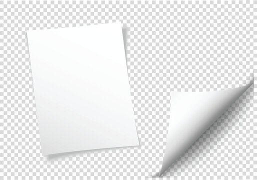 Realistic blank paper sheet with shadow in A4 format isolated on transparent checkered background. Notebook or book page. Design template or mockup. Vector illustration