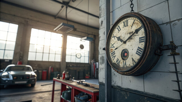 Vintage clock hanging on the wall in a well-lit garage with a car
