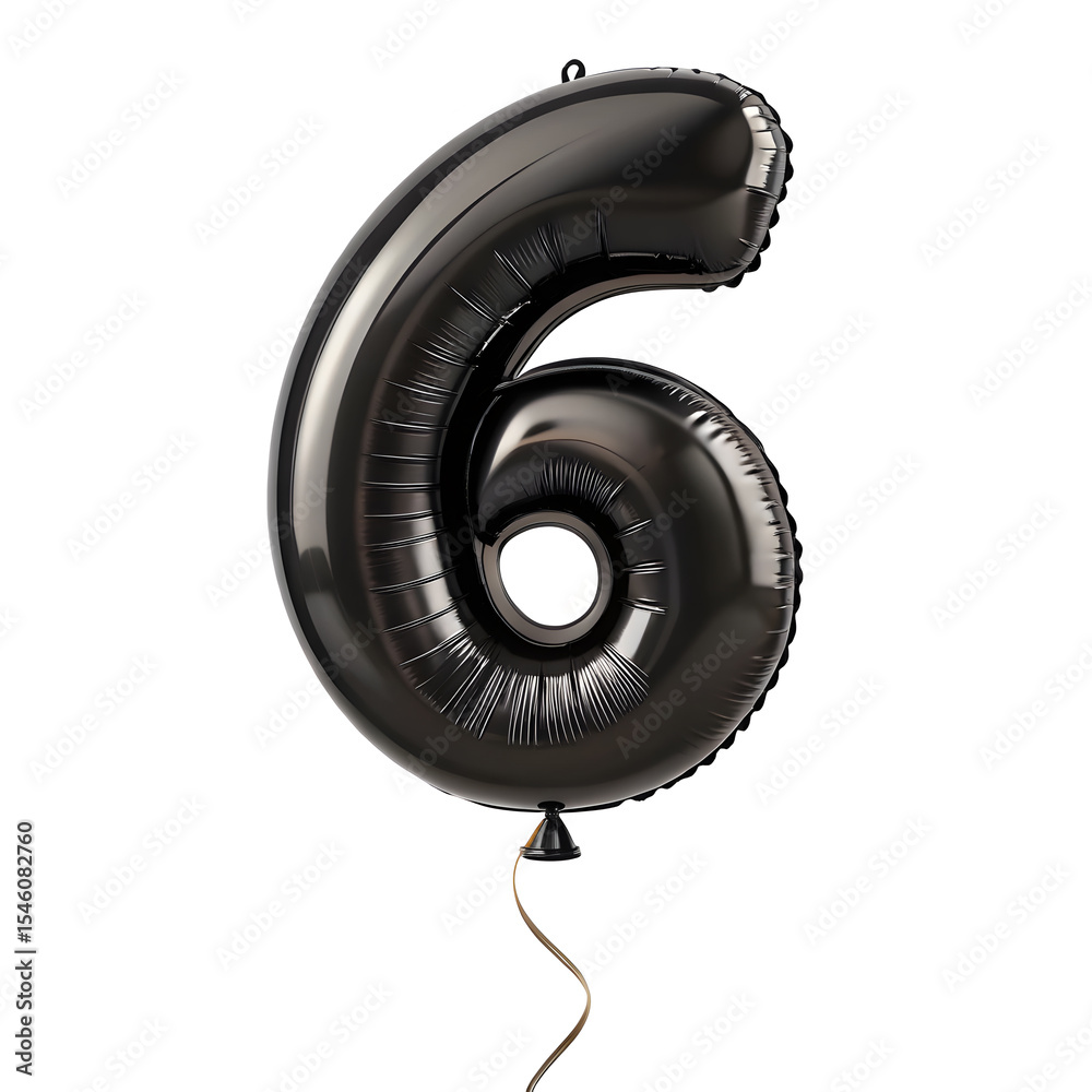 Fototapete a balloon shaped like the number 6,matte black metallic finish with realistic reflections and smooth