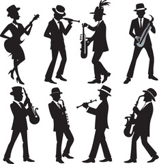 A collection of stylized illustrations depicting musicians playing various instruments, showcasing the joy and diversity of musical performance