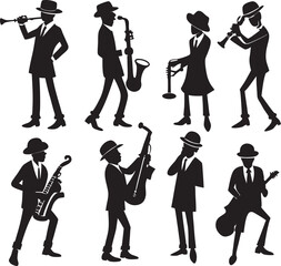 A collection of stylized illustrations depicting musicians playing various instruments, showcasing the joy and diversity of musical performance
