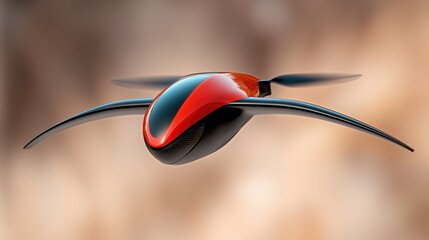 Naklejka premium Sleek Red And Black Drone In Flight Against Blurred Brown Background