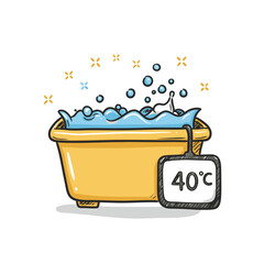 Hand-drawn illustration of a yellow laundry tub filled with soapy water and a 40-degree Celsius tag, perfect for illustrating laundry tips and washing instructions guides.