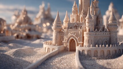Intricate Sandcastle Kingdom Displaying Architectural Details and Summertime Fun