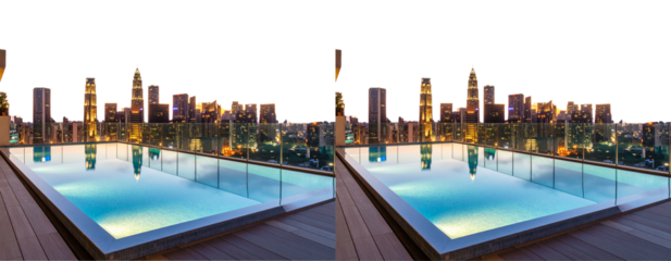 Rooftop Swimming Pool with City Skyline View, Sunset Lighting, Transparent Background