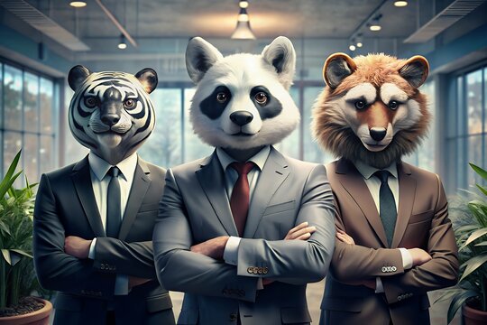 Three Business Professionals in Animal Masks A Creative Concept Image