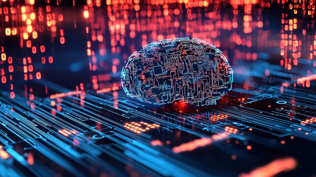 Digital brain with circuit patterns surrounded by glowing binary code represents artificial intelligence and technology