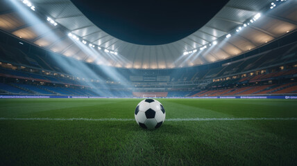 A soccer ball is on a field in a stadium. The stadium is lit up and the ball is in the center of the field
