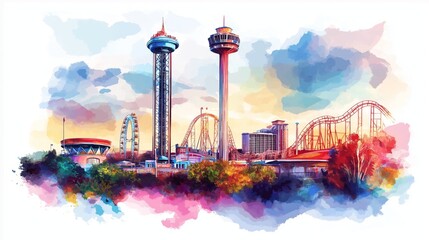 Six Flags Over Texas. Six Flags Over Texas hand drawn watercolor illustration