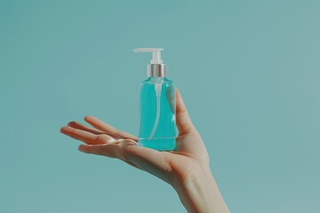 Ultra Quality Image of Front View of Hand Holding Hand Sanitizer Bottle