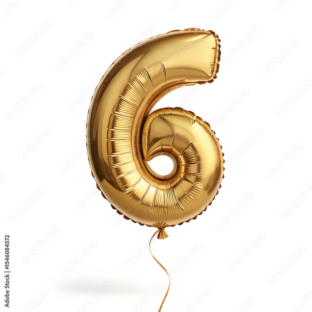 Fototapete a balloon shaped like the number 6,gold metallic finish with realistic reflections and smooth textur