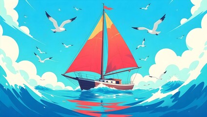 Naklejka premium A vibrant illustration of a sailboat at sea, surrounded by seagulls against a bright blue sky with fluffy clouds.