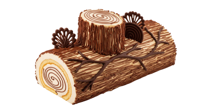Yule Log Cake Isolated on Transparent Background. French food