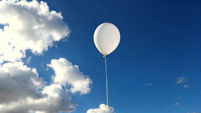 a person holding a white balloon in the air with a sky background