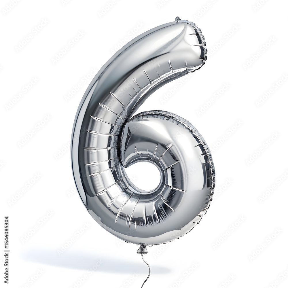 Fototapete a balloon shaped like the number 6 ,silver metallic finish with realistic reflections and smooth tex