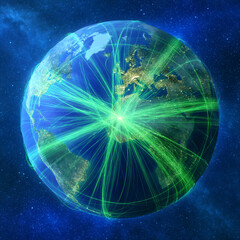Visual representation of global connectivity featuring lines across the world depicting data flow and communication networks