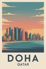 Obraz premium Vintage Travel Poster of Doha Skyline, Qatar